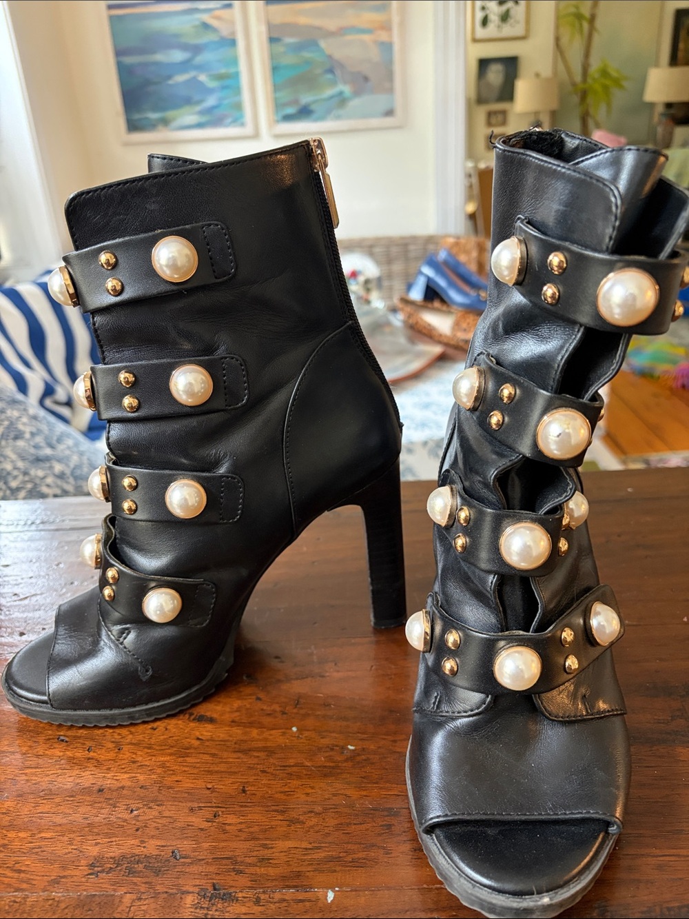 Karl Lagerfeld Black Leather Pearl-Embellished High Heel Booties